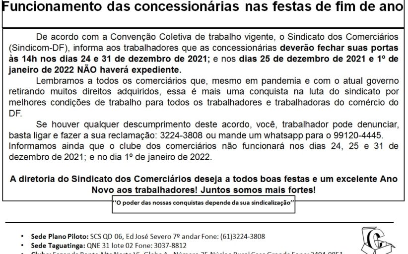Fechamento das Concessionárias nas festas de fim de ano